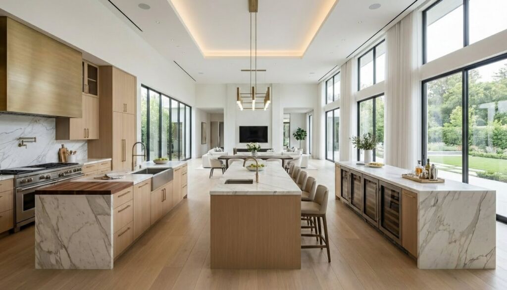 A spacious, modern luxury open-plan kitchen featuring light wood cabinetry, white marble waterfall islands, brass hood, and floor-to-ceiling windows.