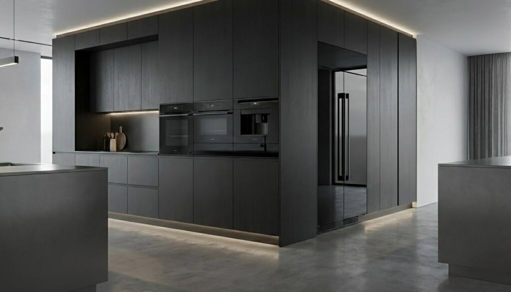 Ultra-modern luxury kitchen featuring matte dark wood cabinetry, integrated black ovens and coffee maker, concrete floors, and dramatic LED strip lighting.