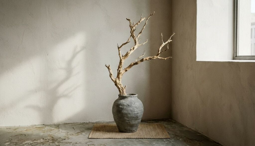 Minimalist Wabi Sabi decor featuring a textured grey vase holding a large, dry driftwood branch against neutral plaster walls.