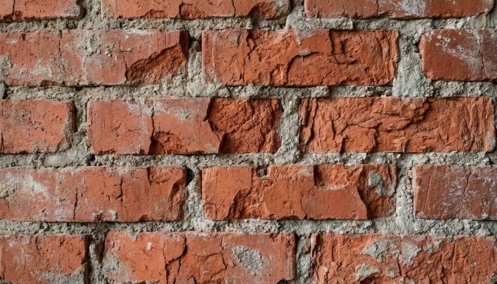 Close-up of a rustic, weathered red brick wall with thick, rough gray mortar, embodying Wabi Sabi aesthetic imperfection.