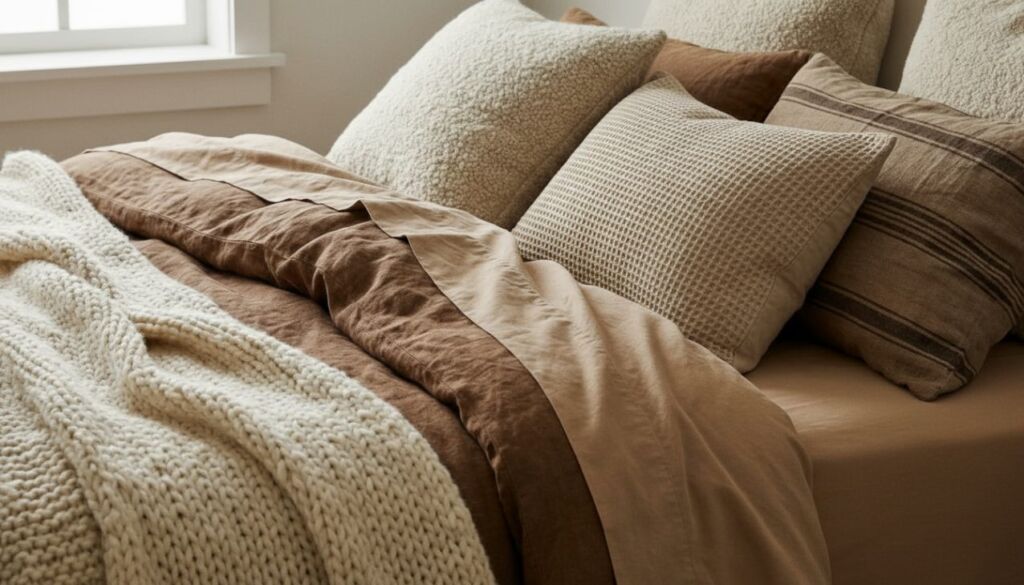 Close-up of Wabi Sabi style bed layered with textured, neutral bedding, brown linen duvet, and chunky cream knit throw blanket.