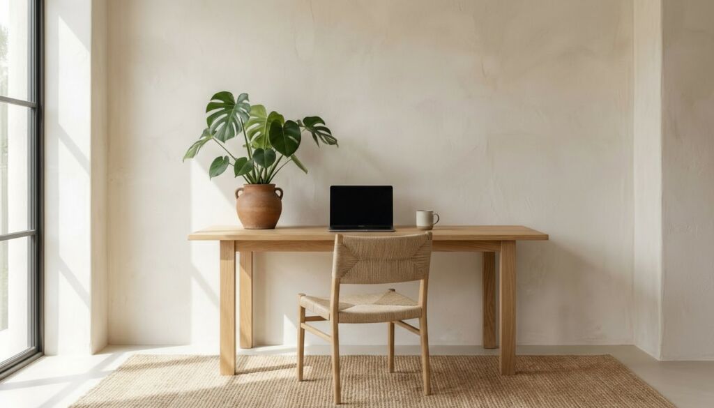 Wabi Sabi inspired home office featuring a light wood desk, natural woven chair, Monstera plant in a terracotta pot, and laptop.