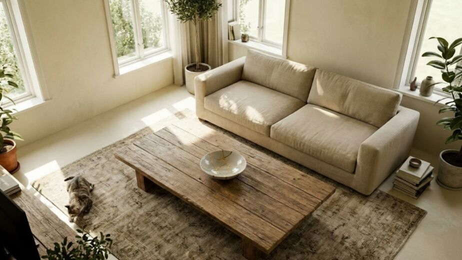High-angle view of a Wabi Sabi living room featuring a beige linen sofa, rustic wooden coffee table, and indoor plants. A tabby cat rests on the faded rug in sunlight.
