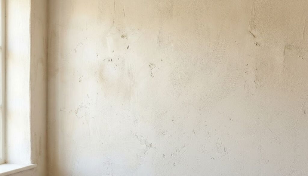 Close-up of a rustic, textured beige plaster wall with natural light coming from a simple white window frame, embodying Wabi Sabi style.