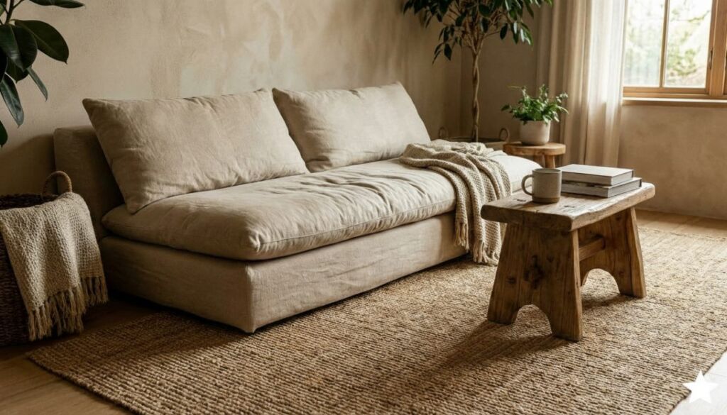 Neutral tone living room featuring a linen sofa, jute rug, rustic wood stool, and potted plants, embodying Wabi Sabi design.