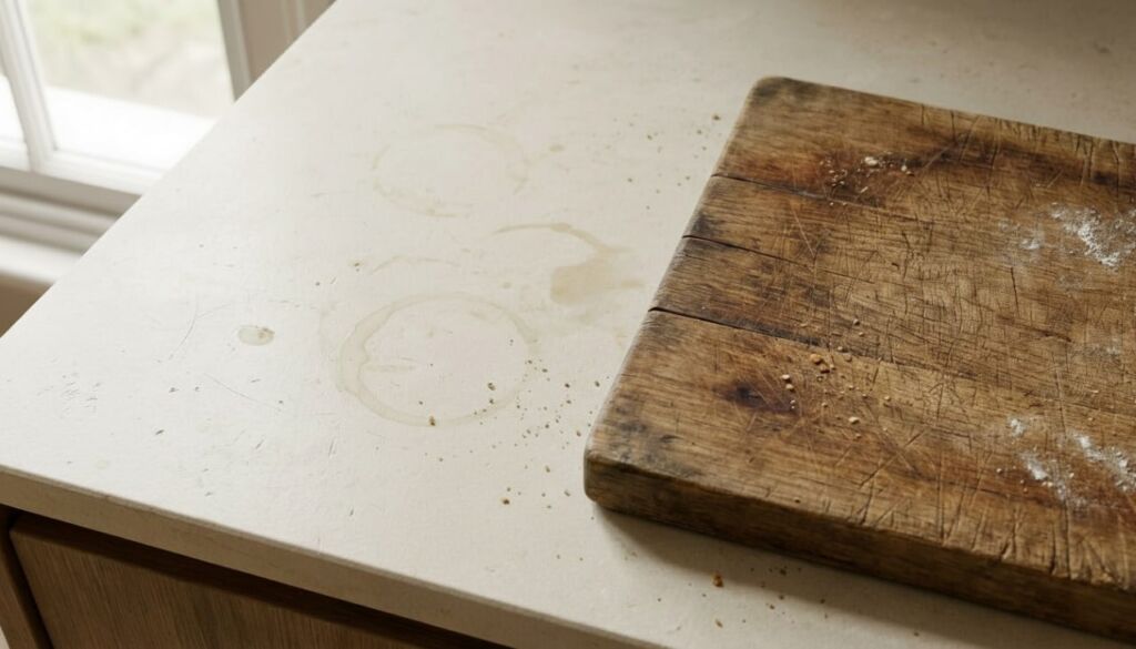 Close-up of stained, textured Wabi Sabi kitchen countertop next to a heavily used, vintage wooden cutting board.