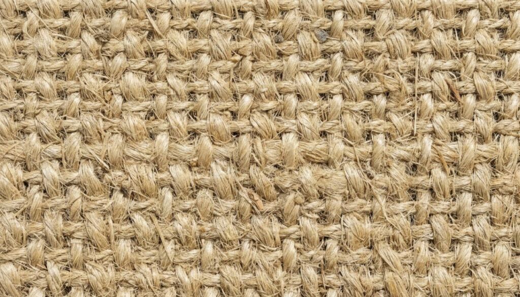 Extreme close-up of coarse, light brown natural jute or burlap fiber textile with a thick woven basket-weave pattern.