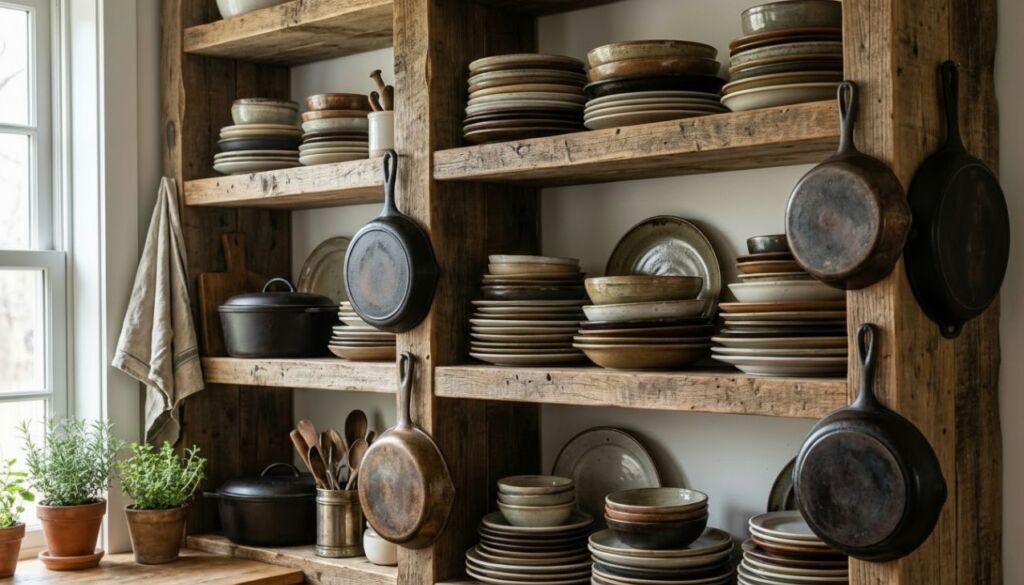 Open wooden shelving unit showcasing stacked, natural-toned Wabi Sabi ceramic plates and bowls, with hanging cast iron skillets.