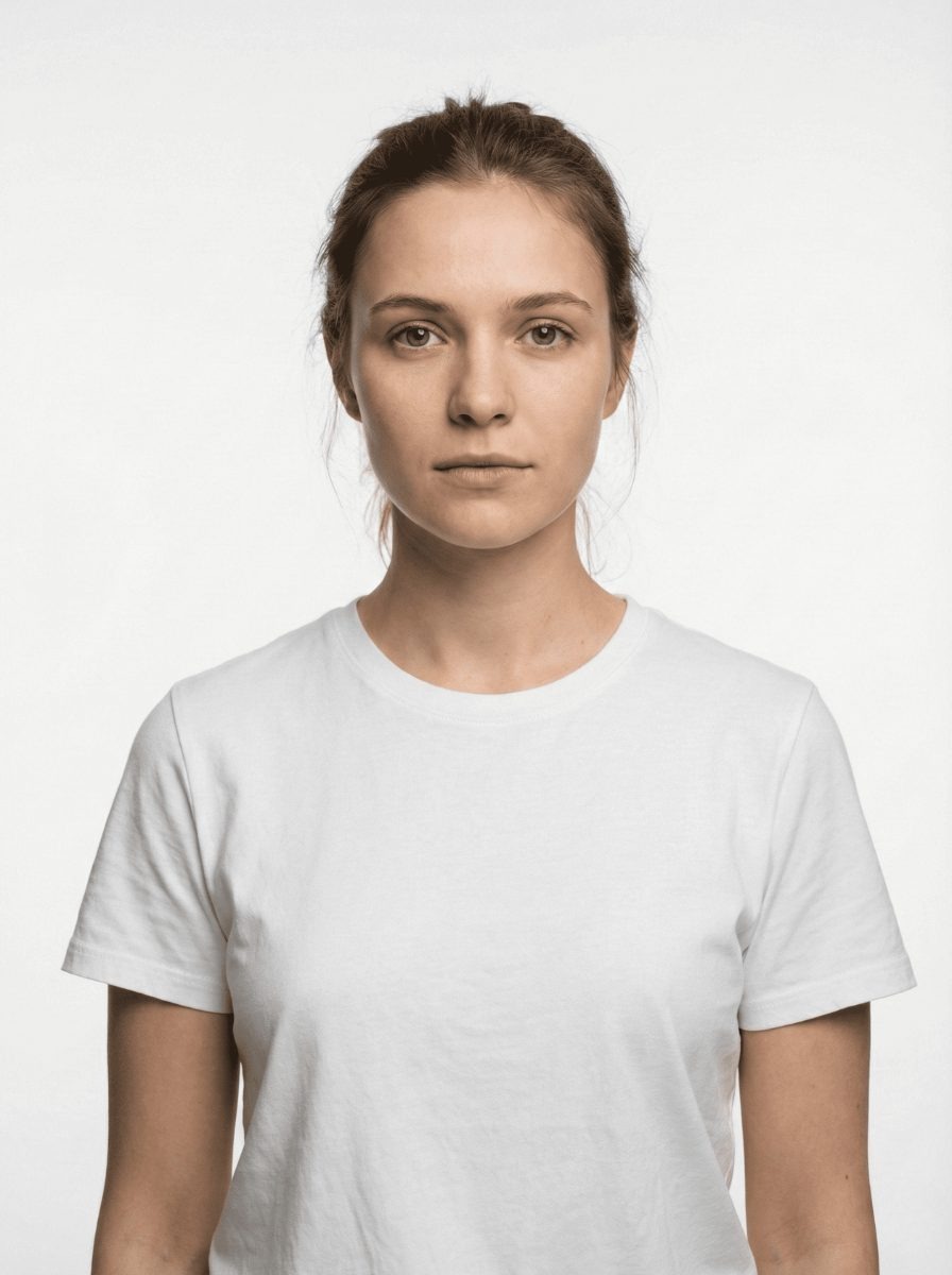 Studio portrait headshot of a young professional woman wearing a clean white t-shirt, used for business profiles or local talent representation near the Mission District in San Francisco, California. This clean, straightforward studio portrait features a young Caucasian woman with brown hair pulled back, wearing a plain white t-shirt. Her expression is neutral and direct. This image is ideal for corporate profile pages, local business listings in the Mission District area of San Francisco, or modeling plain apparel, conveying competence and simplicity.