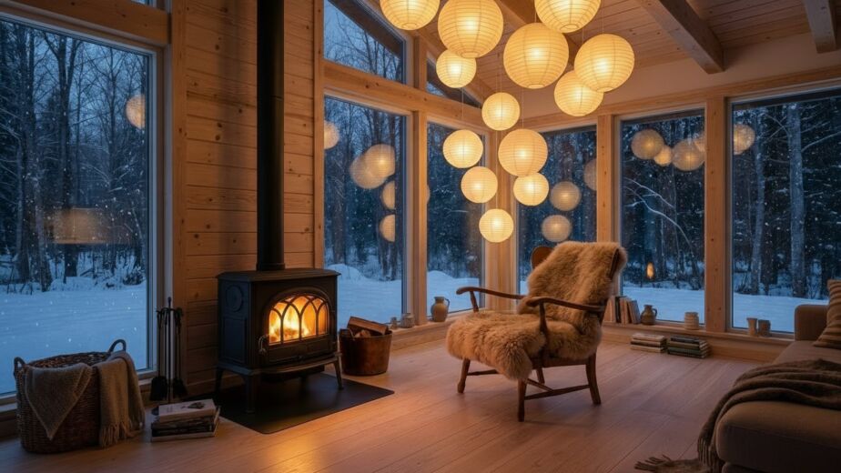 Warm Scandinavian living room featuring a lit wood stove, light wood walls, large windows showing a snowy forest, and a cluster of paper lanterns.