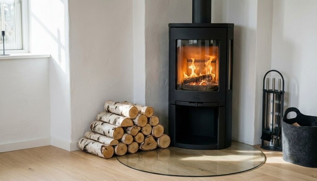 Modern black wood-burning stove featuring a glass window with visible flames, flanked by stacked birch firewood logs and light wooden flooring.