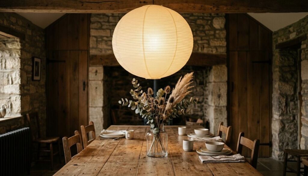 Rustic dining room in a stone cottage featuring a long wooden farmhouse table, simple chairs, a paper globe pendant light, and dried floral centerpiece.