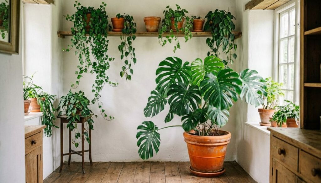 Scandinavian cottage corner featuring bright white walls, rustic wooden floors, and a collection of potted houseplants including a large monstera.