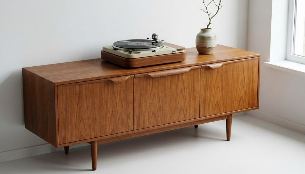 Mid-century modern teak wood credenza cabinet with tapered legs, holding a vintage turntable and a ceramic vase with dried branches.