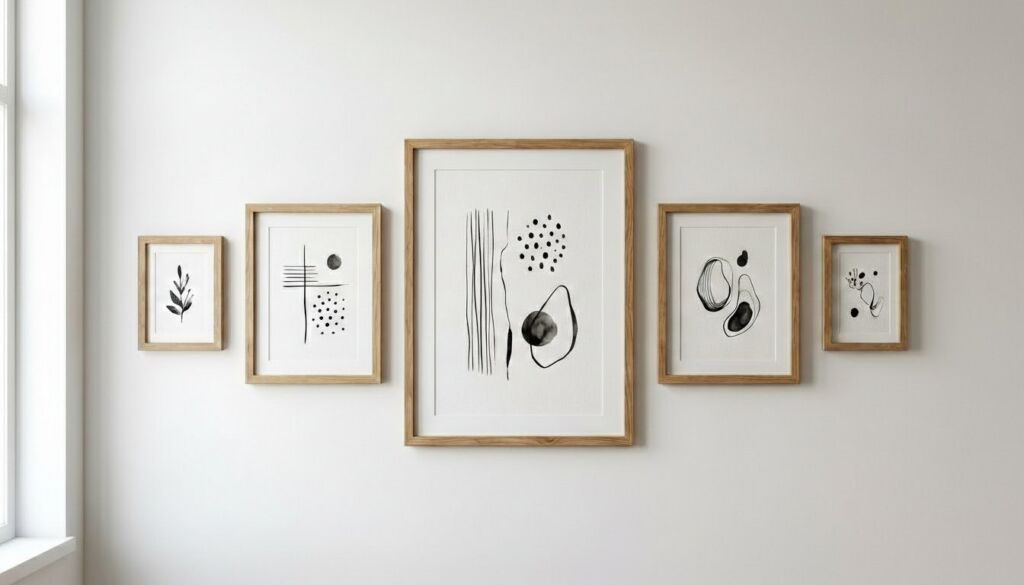 Five framed abstract black and white prints arranged as a gallery wall on a bright white wall in a Scandinavian-style room.