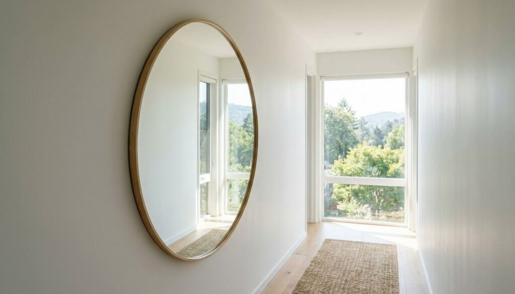 Oval wooden-framed mirror hanging on a white wall in a bright Scandinavian-style hallway with a jute rug and large windows overlooking a forest view.