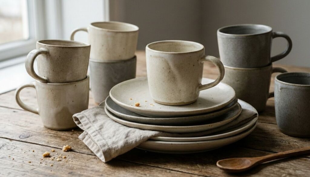 Stacked, speckled stoneware ceramic mugs and plates on a rustic wooden table with natural light, reflecting Scandinavian design.
