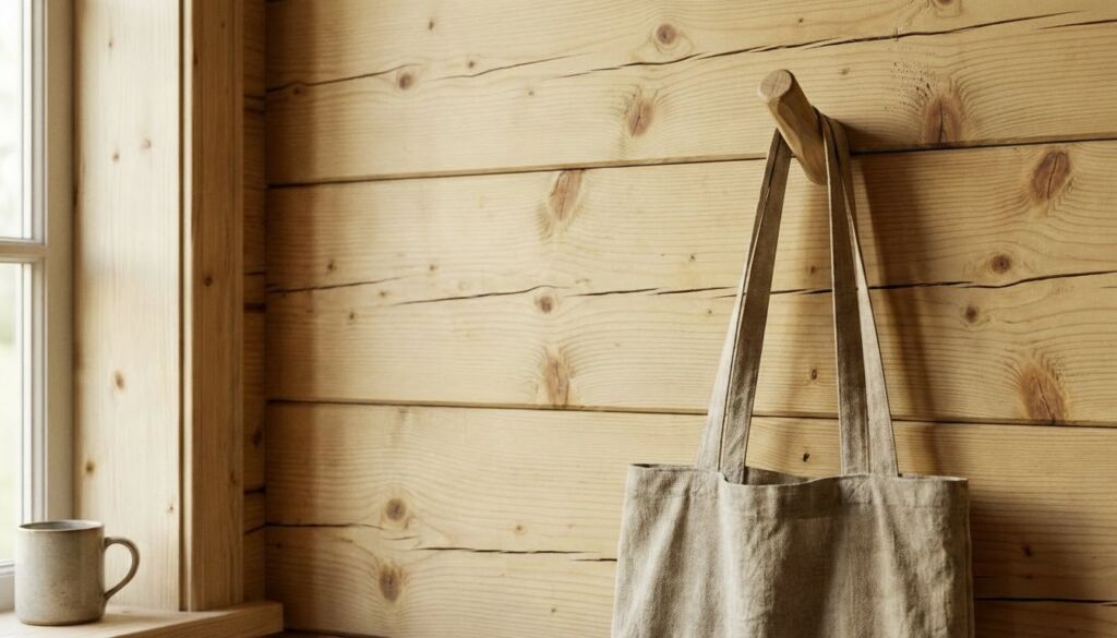 Close-up of a Scandinavian cottage interior featuring a natural wood plank wall, simple wooden hook, canvas tote bag, and a ceramic mug on the bright windowsill.