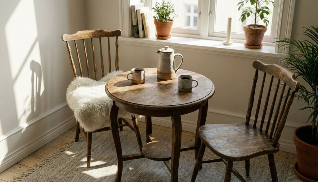 Rustic round wooden table and vintage chairs by a bright window, decorated with a white sheepskin throw and ceramic mugs.