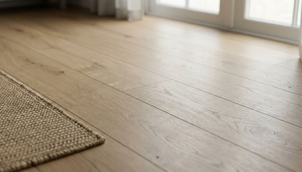 Close-up view of light Scandinavian oak wood flooring next to a corner of a woven jute area rug near a bright window.