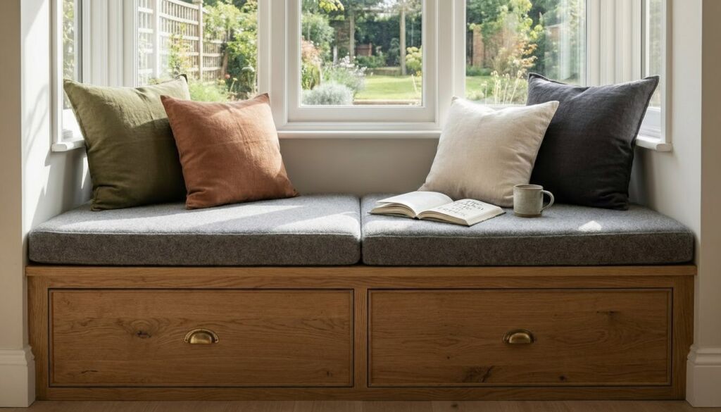 Built-in Scandinavian-style window seat bench featuring oak storage drawers, a grey cushion, and linen pillows in natural, earthy tones overlooking a bright garden.