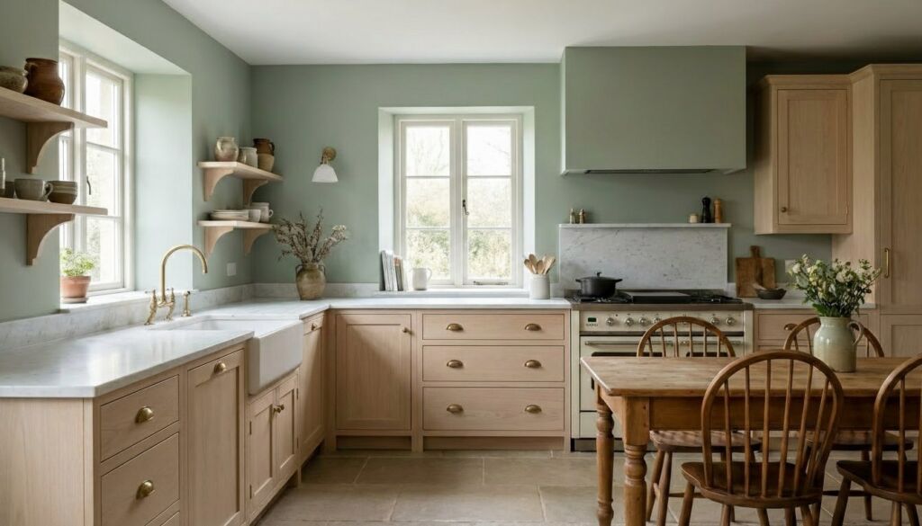 A bright Scandinavian cottage kitchen featuring light wood cabinets, white marble countertops, and soft sage green walls. Includes brass fixtures and a rustic dining table.