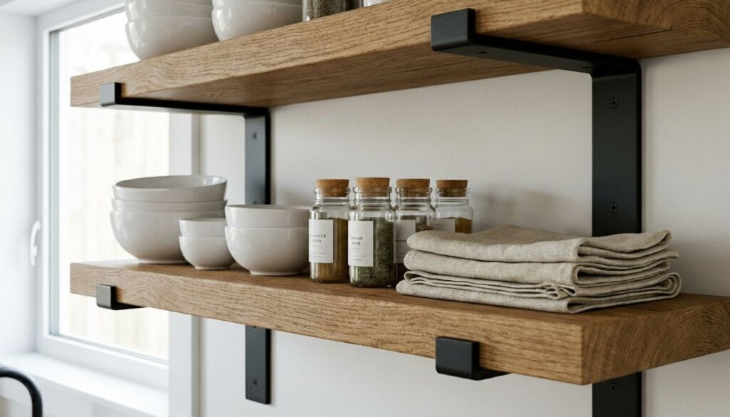 Two rustic natural wood floating shelves secured with black metal brackets, holding white ceramic bowls, spice jars, and linen napkins in a bright Scandinavian kitchen.