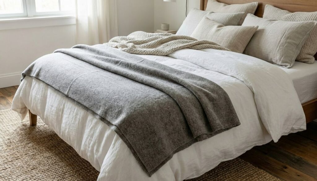 Close-up of a Scandinavian style bed with white linen duvet, gray wool throw, and layered cream pillows.