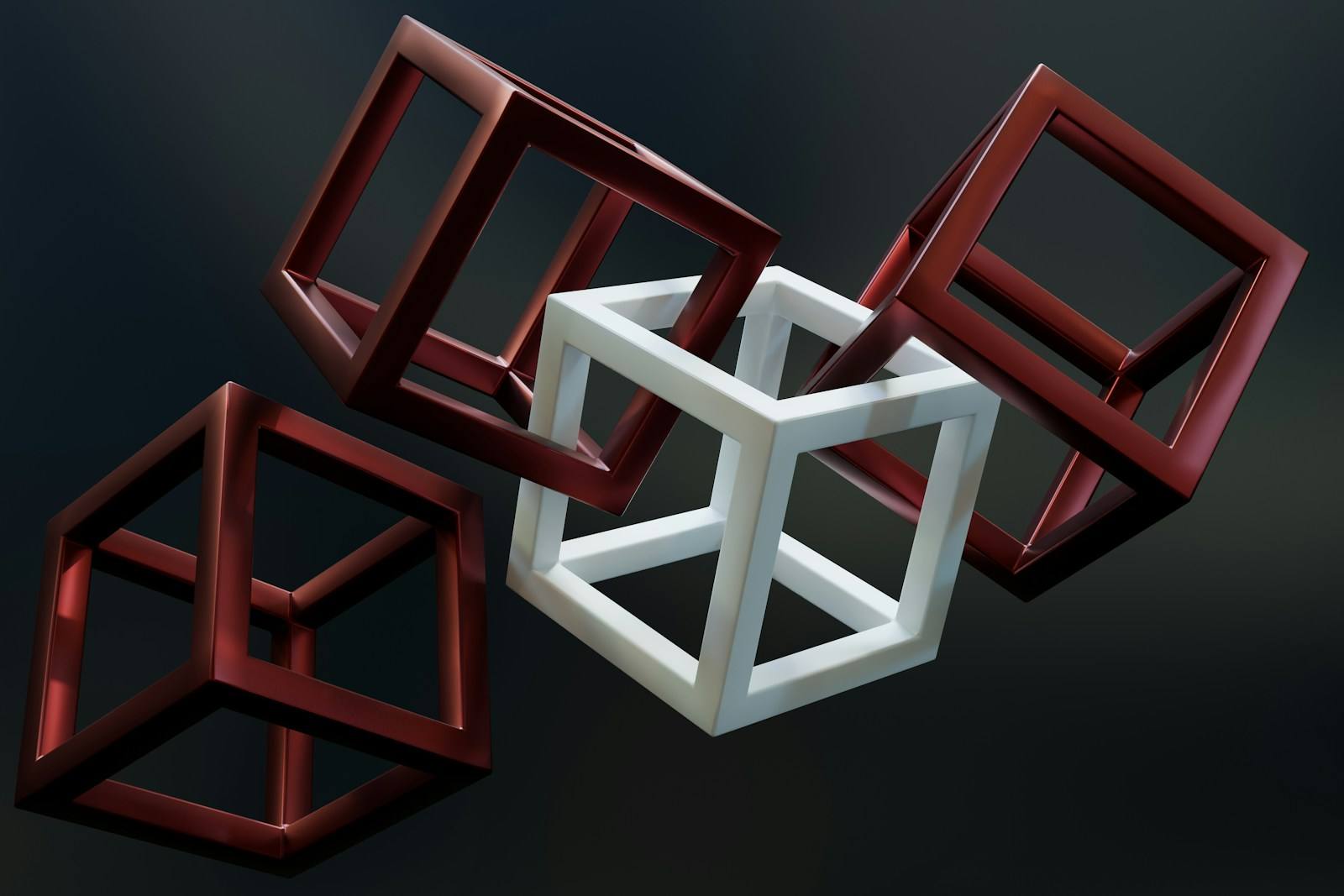 A 3D abstract rendering showing five open cubic frames floating against a dark background. Four metallic reddish-brown cubes interlock with a central white cube, symbolizing complex interconnection and structural networking for businesses located near the Mission District, San Francisco. This abstract visualization, featuring interlocking white and metallic red cube frameworks, represents the complex, yet integrated, nature of modern architectural design and robust business solutions. Just as these structures hold together, businesses operating in the vibrant Mission District of San Francisco require strong foundational strategies and interconnected services to thrive in the competitive Bay Area landscape. This visual emphasizes precision, collaboration, and structural integrity.