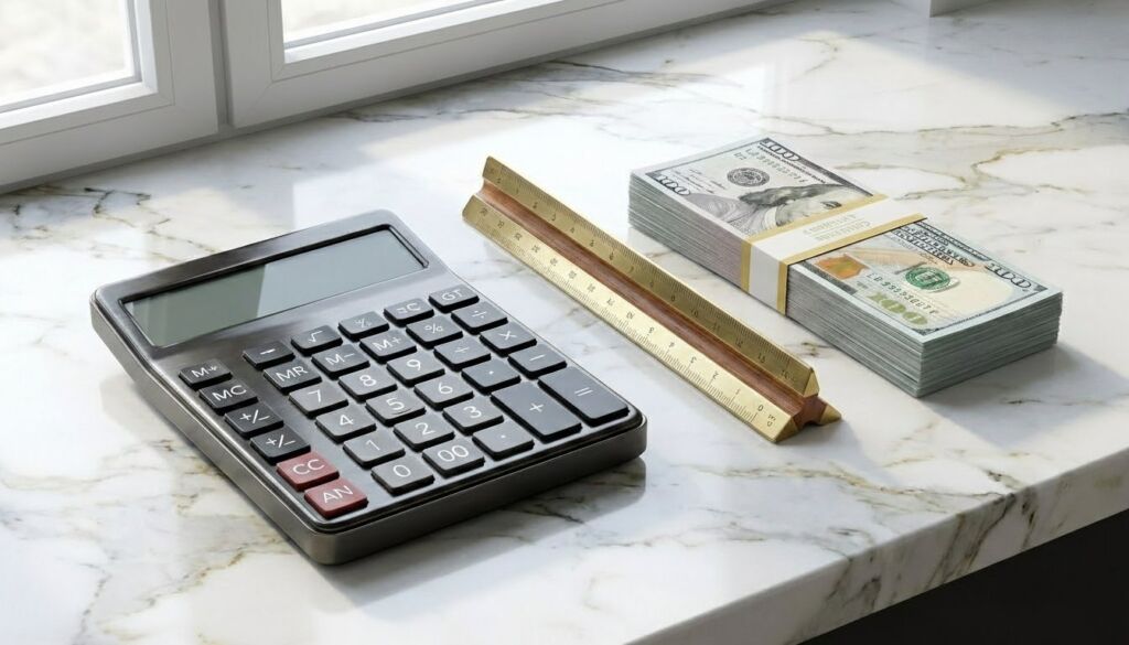 Calculator, architect's ruler, and stacks of money on marble, representing the cost calculation and financial planning for a dream home budget.