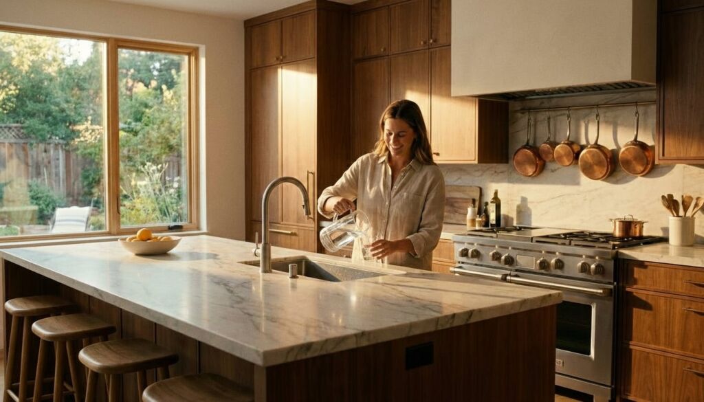 Woman pouring water in a luxury custom kitchen featuring a large marble island, walnut cabinets, and stainless steel appliances.
