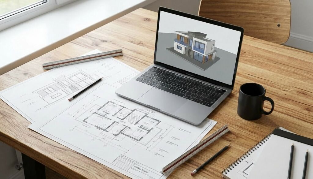 Architectural blueprints and technical scales laid out on a wooden desk next to a laptop displaying a modern dream home 3D rendering.