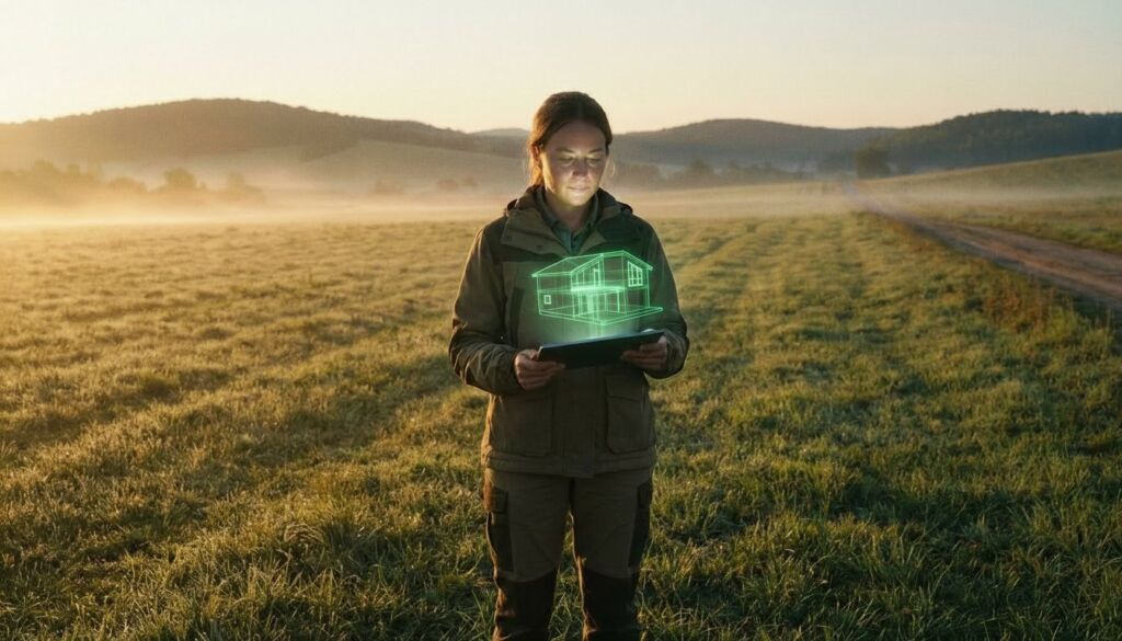 Female architect reviewing a green holographic 3D dream home design on a tablet in a foggy field at sunrise.