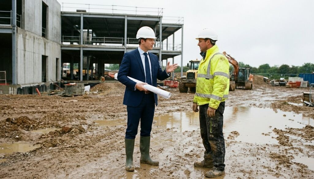 Architect in a suit and contractor in safety gear review rolled blueprints on a muddy construction site near a steel-frame structure.