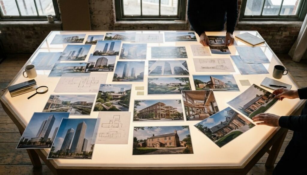 Two architects review multiple commercial and residential renderings and blueprints scattered on a brightly lit hexagonal light table.