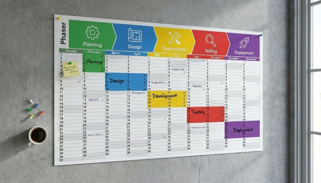 Project roadmap showing Planning, Design, Development, Testing, and Deployment phases for an architecture or construction project.