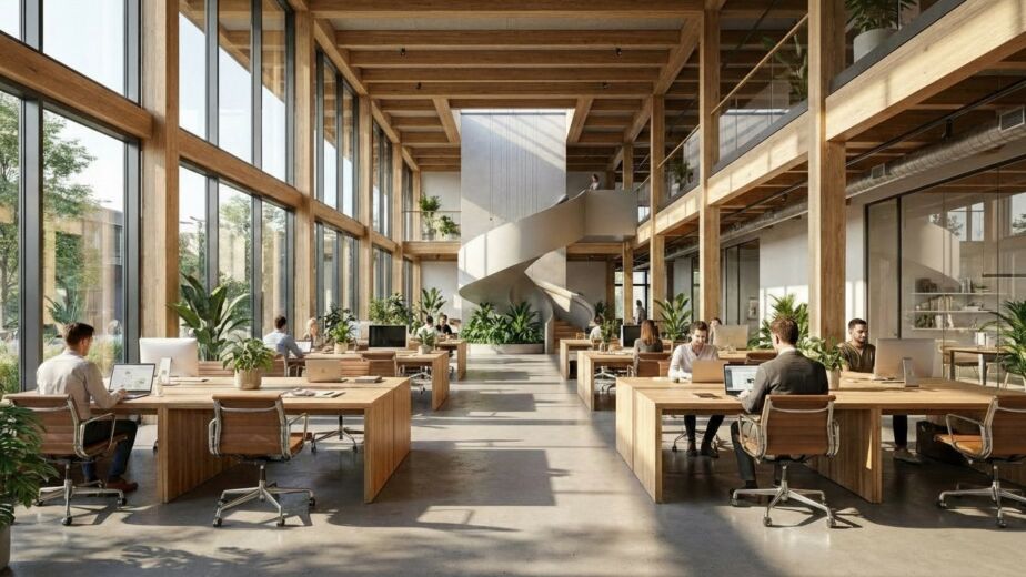 Open-plan office featuring extensive wood structure, natural light, biophilic plants, and a central spiral staircase, emphasizing sustainable architecture.