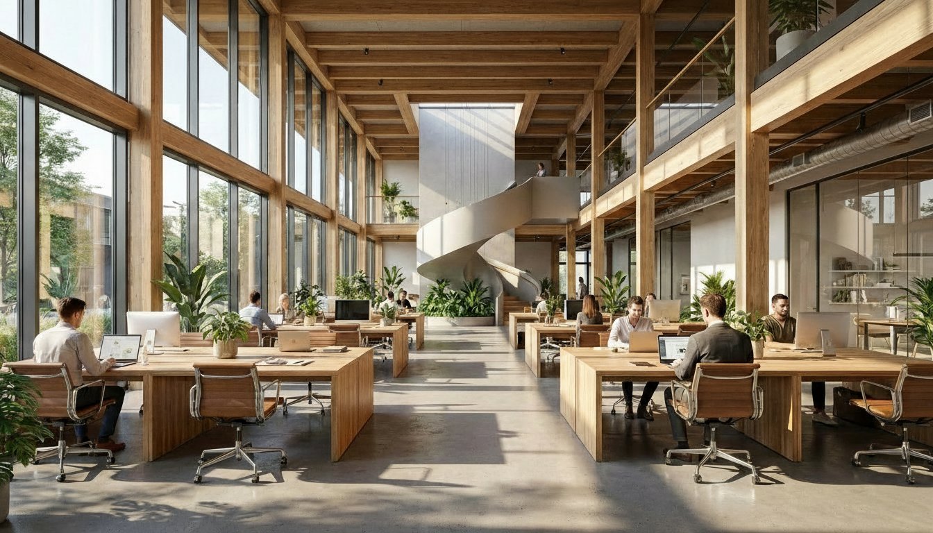 Open-plan office featuring extensive wood structure, natural light, biophilic plants, and a central spiral staircase, emphasizing sustainable architecture.