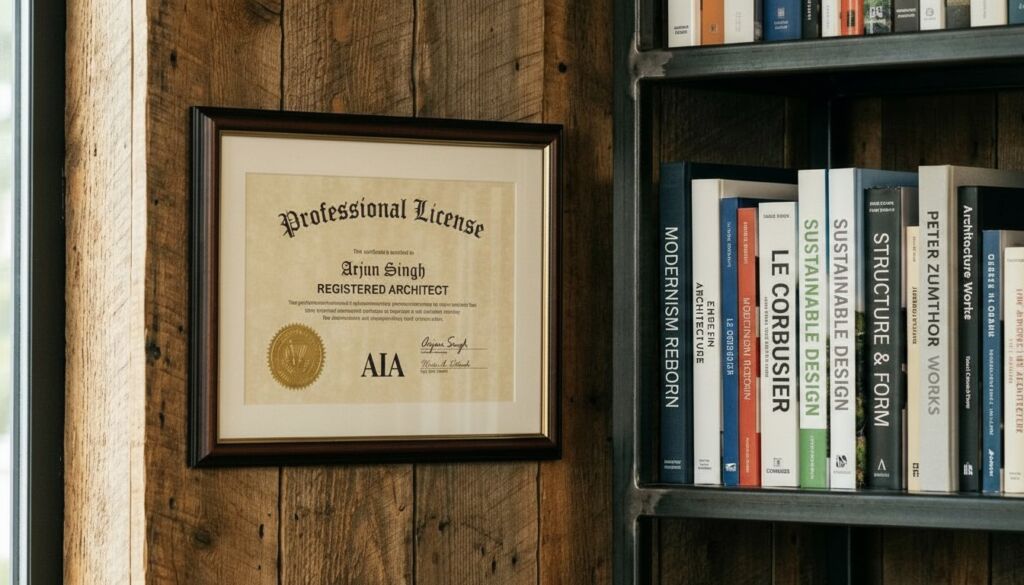 Framed professional license of a Registered Architect (AIA) on a wooden wall, beside a bookshelf containing architectural design books.