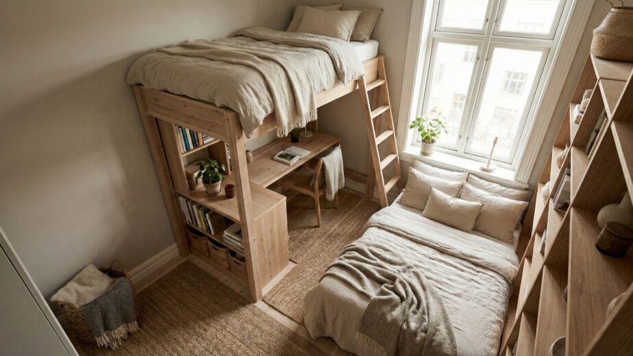 A perfect solution for small spaces or shared rooms, this Scandinavian-inspired bedroom utilizes vertical space efficiently. The custom light oak loft bed incorporates a built-in desk, shelving, and a bookcase, providing ample storage and a dedicated workspace. Paired with a second twin bed below, the design maintains a cozy, minimalist aesthetic with natural textures, linen bedding, and abundant natural light from the large window.