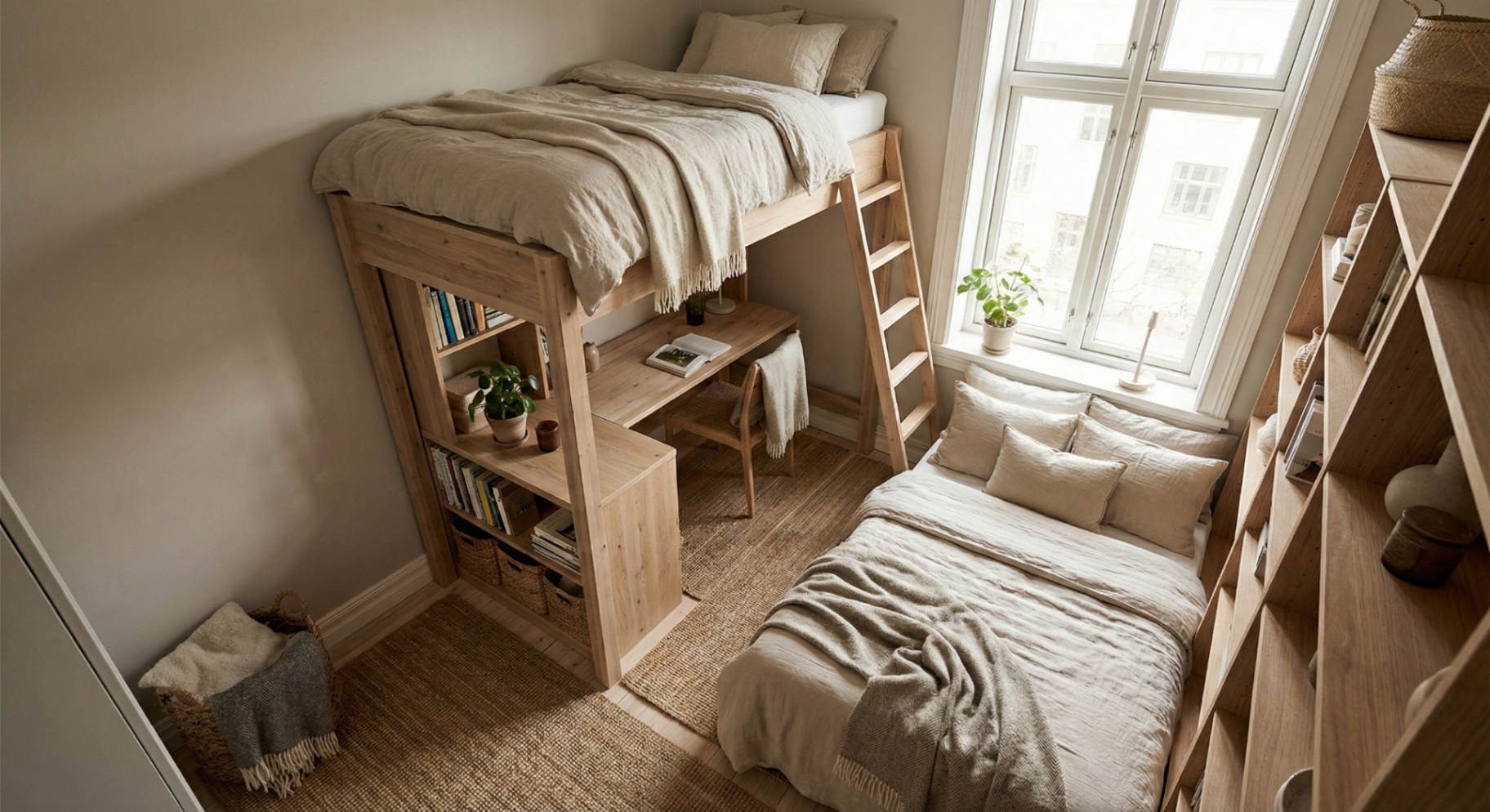 A perfect solution for small spaces or shared rooms, this Scandinavian-inspired bedroom utilizes vertical space efficiently. The custom light oak loft bed incorporates a built-in desk, shelving, and a bookcase, providing ample storage and a dedicated workspace. Paired with a second twin bed below, the design maintains a cozy, minimalist aesthetic with natural textures, linen bedding, and abundant natural light from the large window.