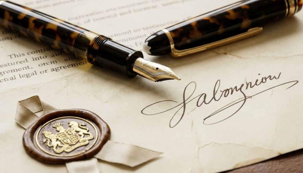A luxury fountain pen rests on aged parchment paper with a signature and legal text, next to a detailed wax seal, symbolizing an official architect contract signing.