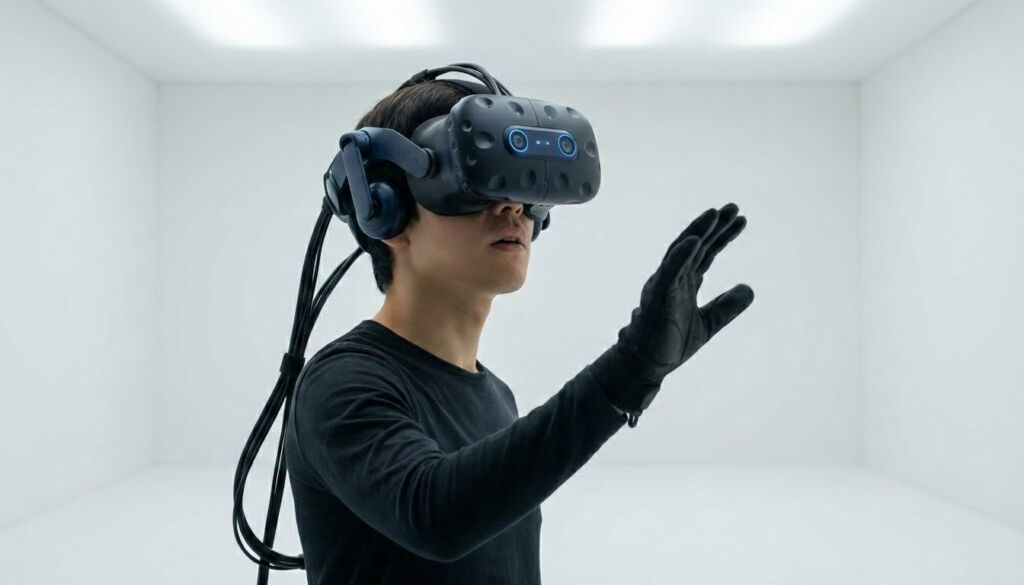 Man wearing a high-end VR headset and tracking glove interacts with an architectural visualization of a dream home in a white studio.