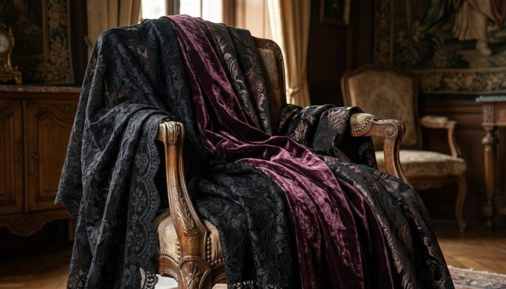 Ornate antique wooden chair draped dramatically with rich burgundy crushed velvet, black lace, and patterned brocade fabric in a luxurious, dark room.