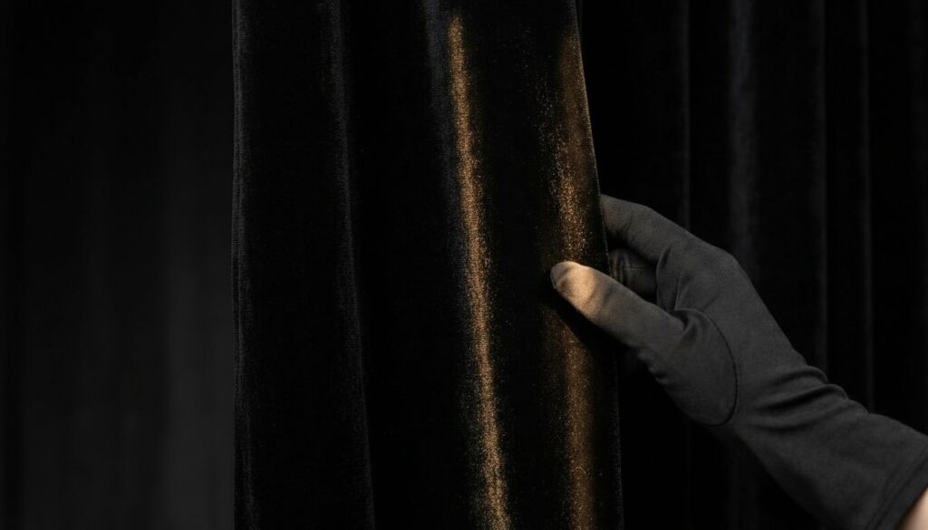 A hand wearing a black glove pulls aside a rich black velvet theater curtain under dramatic golden spotlight.