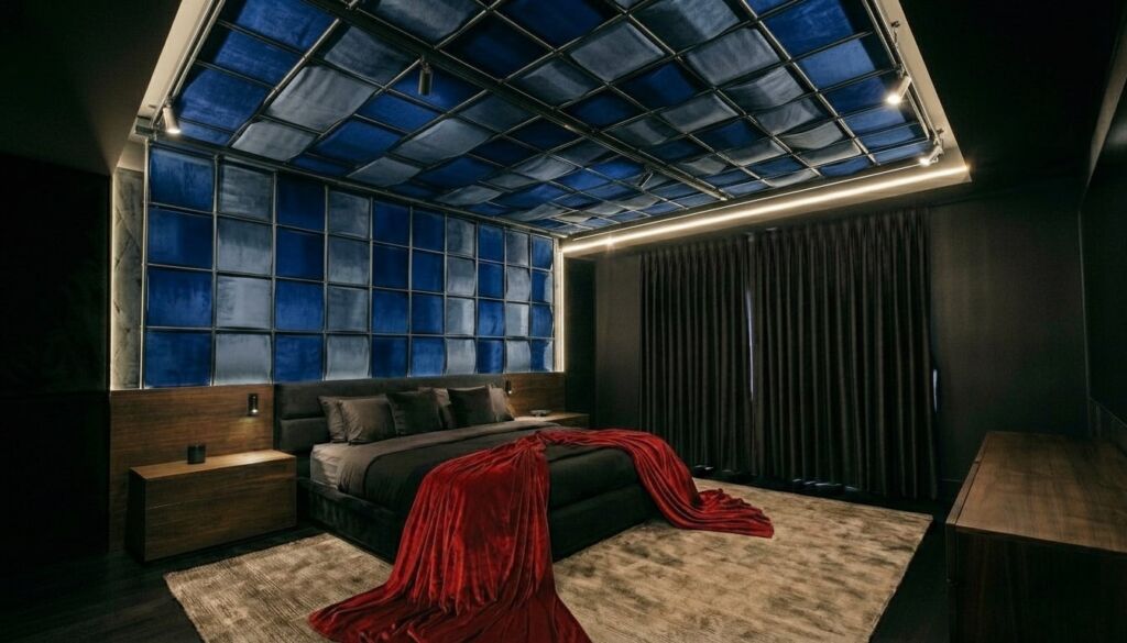 Luxurious dark bedroom featuring a blue velvet upholstered ceiling and wall panels, a black bed, and a rich red velvet throw.