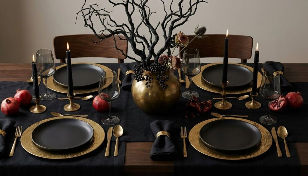 A luxurious, moody dining table set with black plates, gold chargers, black candles, and a dramatic centerpiece of dark branches.