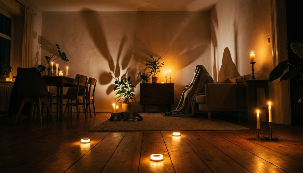 Indoor scene lit only by numerous candles, showing long, dramatic shadows on the wall, a cat sleeping, and a cloaked figure on a sofa.