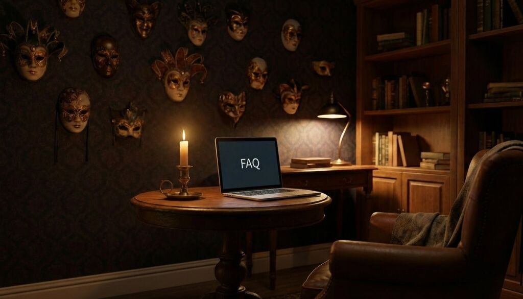 A laptop displaying 'FAQ' sits on a table next to a flickering candle in a dark study surrounded by Venetian masks and bookshelves.