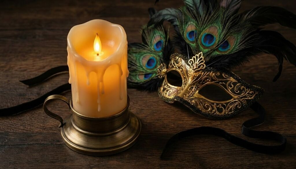 Elegant golden Venetian masquerade mask with peacock feathers next to a glowing, flickering LED candle on dark wood.